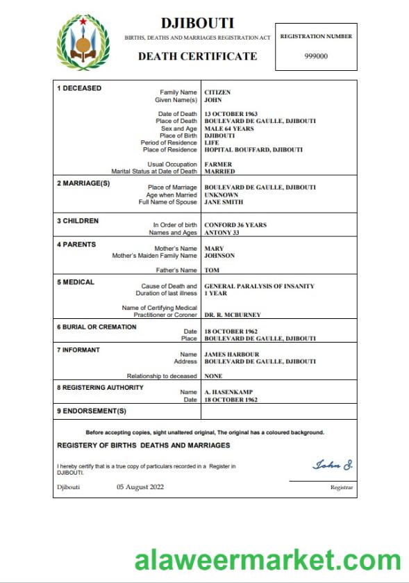 Djibouti death certificate Word and PDF template